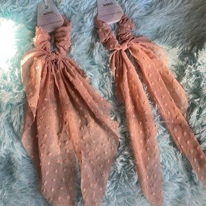 2- delicate beige/ peach scrunchies with shiny accents -
